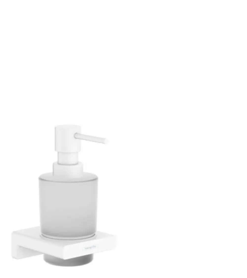 Lotionspender von Hansgrohe in Mattweiß, bestehend aus einem transparenten Behälter mit einem weißen Pumpkopf. Montiert auf einer flachen Halterung.